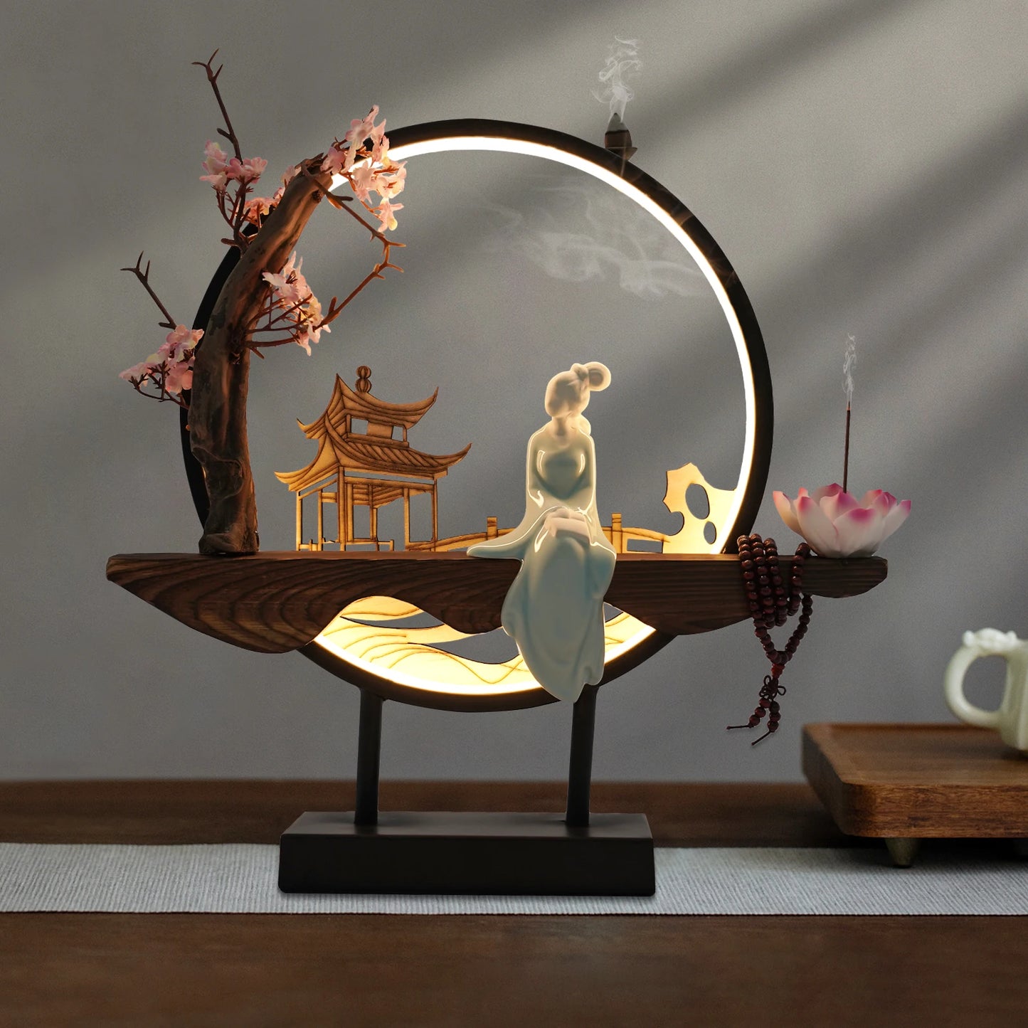 Tabletop LED Incense Burner - Pine Wood & Ceramic