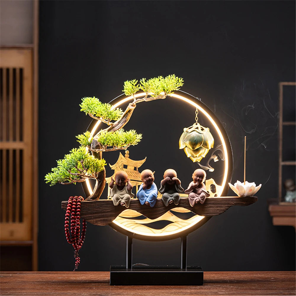Wooden LED Backflow Incense Burner with Lotus Design