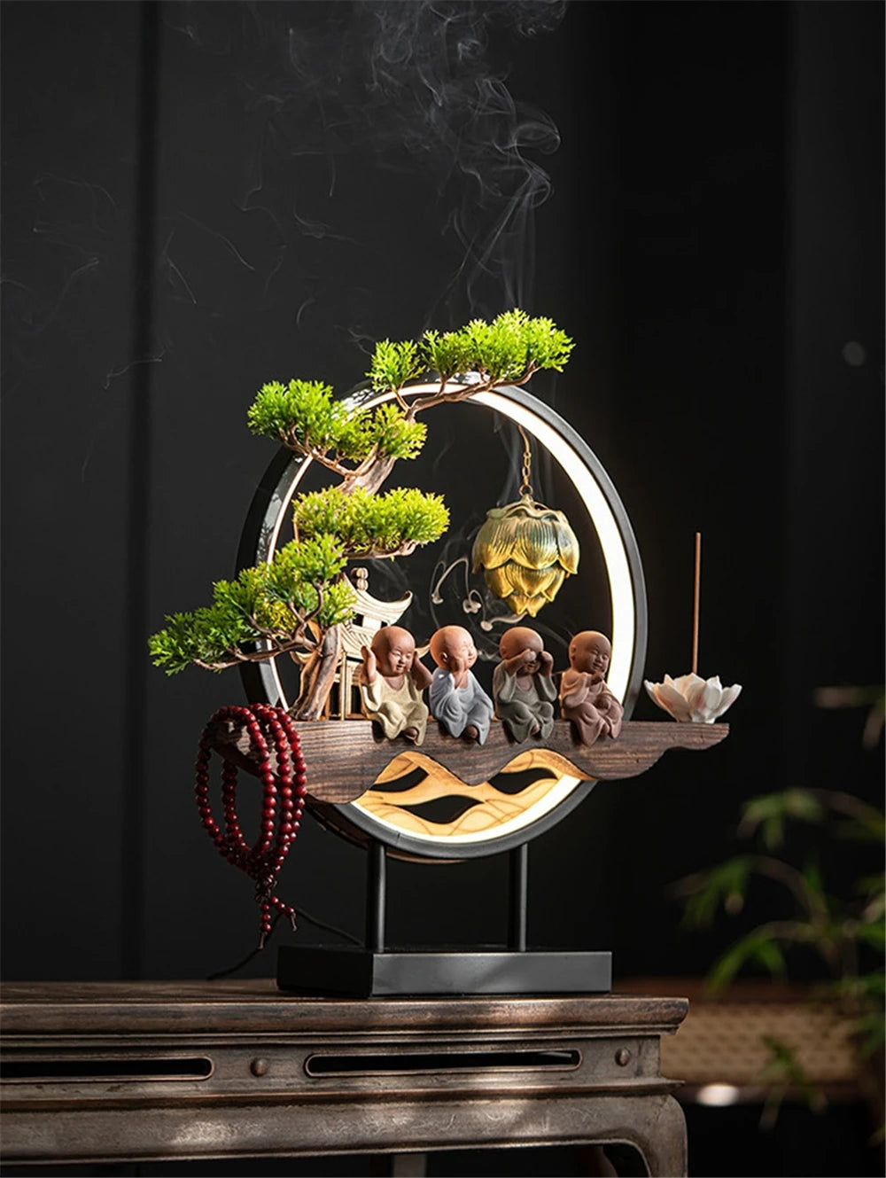 Wooden LED Backflow Incense Burner with Lotus Design