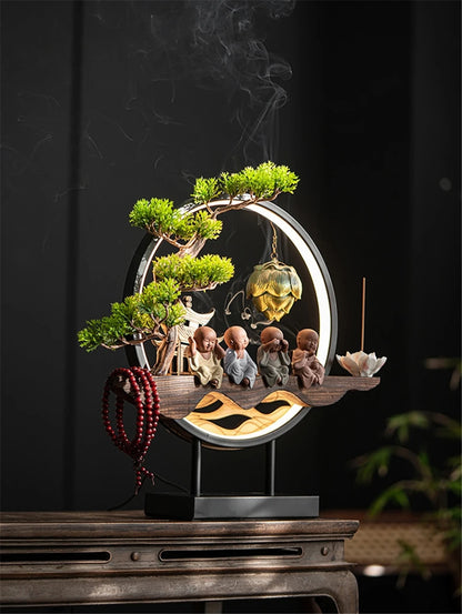 Wooden LED Backflow Incense Burner with Lotus Design