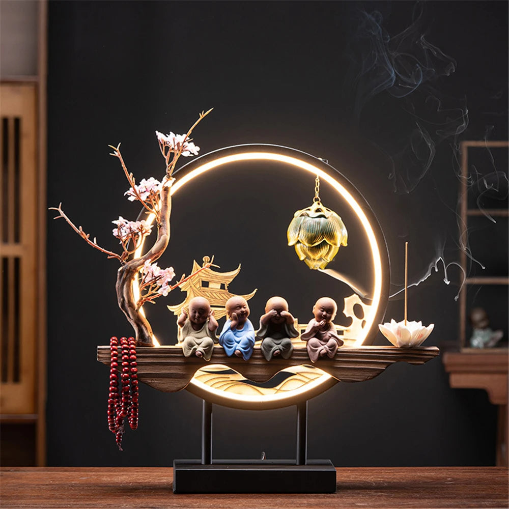 Wooden LED Backflow Incense Burner with Lotus Design