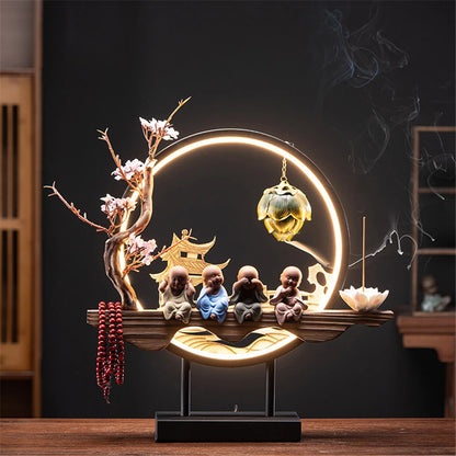 Wooden LED Backflow Incense Burner with Lotus Design