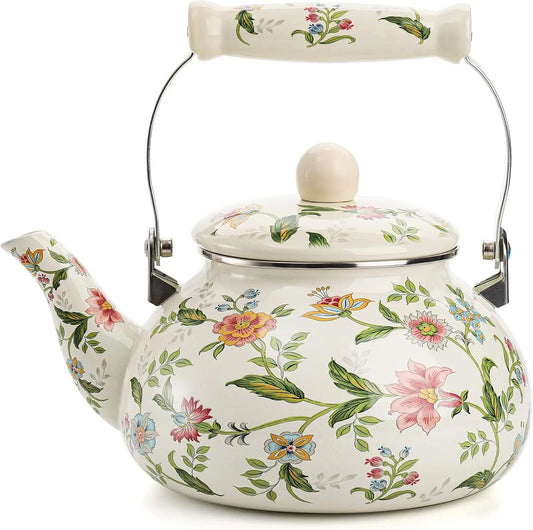 Vintage Enamel Tea Kettle - Green Floral