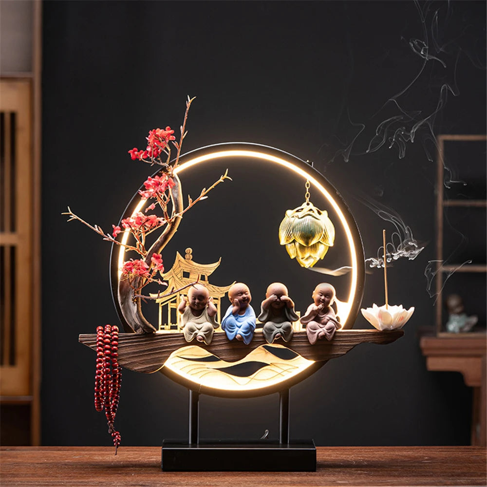 Wooden LED Backflow Incense Burner with Lotus Design