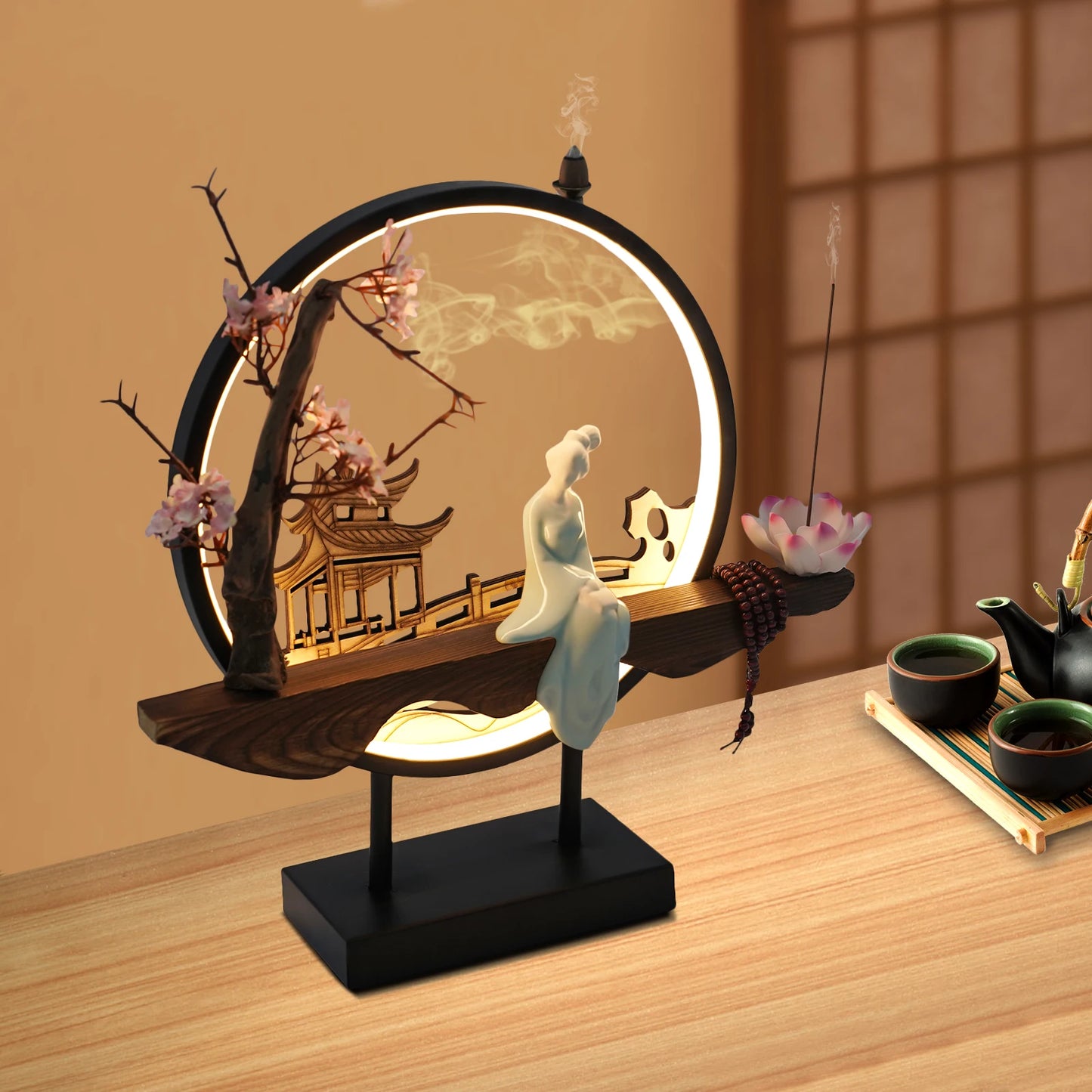 Tabletop LED Incense Burner - Pine Wood & Ceramic